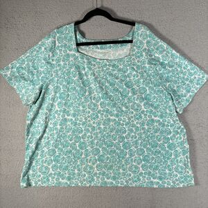 Liz & Me Top Women’s Plus Size 3x White‎ Teal Floral Print Square Neck